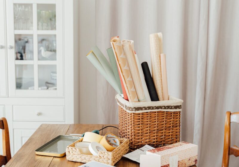 wrapping papers on brown woven basket