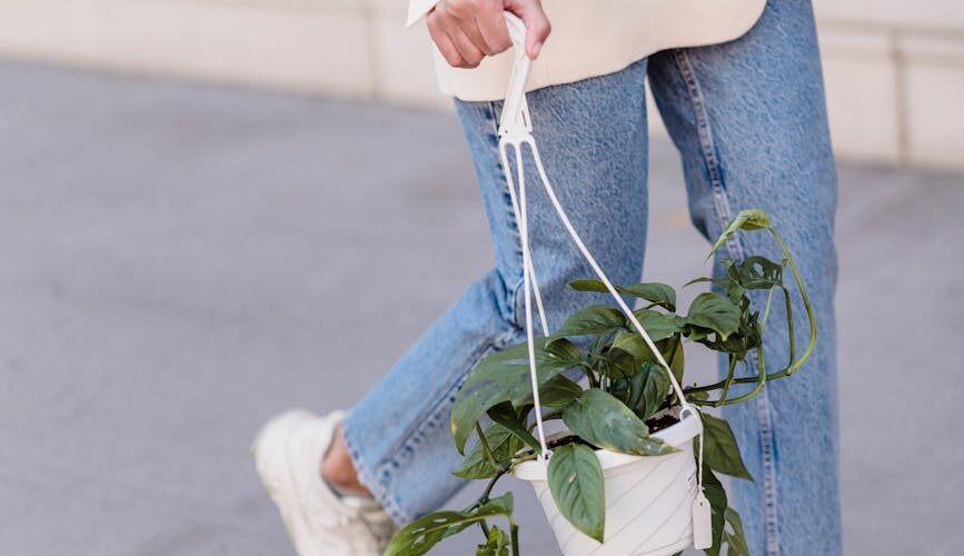 unrecognizable woman with hanging flowerpot